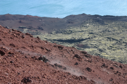 Red gently steaming bare lava, with slightly mossy lava in the background