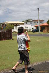 Toby blowing bubbles on his way to the beach
