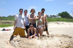 Nick, Alan, Kumala, Damo, Cacey, and Jono, in our castle