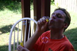 Karl blowing bubbles