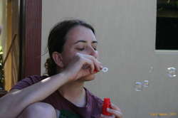 Fi blows bubbles