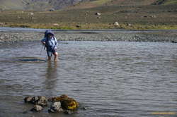 Long, cold and rocky, but not fast, this is mum crossing Bláfjallakvísl