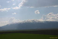 Snowy mountains over green sunny fields