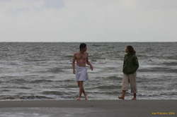 Burkhardt and Tanja discuss the finer points of north sea clothing