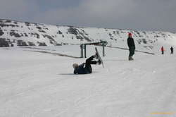 Learning to snowboard means learning to fall, Alda followed by Lee