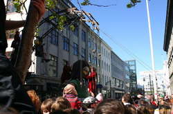 Putting her riding goggles on