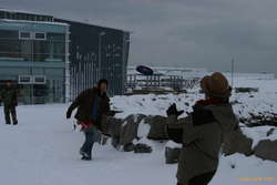 Lee and Karl playing frisbee