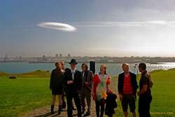 ?,?, Skúli, Þráinn, Magga, Braggi, Sean, outside the church