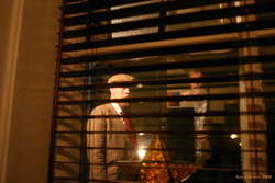 Marcus and Oli through the kitchen window