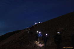 Conga line of headlights, coming down Ulfarsfell