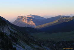 Sunset view north over the Rochers de Fouda Blanc towards Mount Granier. We walked up into the gentle saddle in the middle and down and out left between the two.