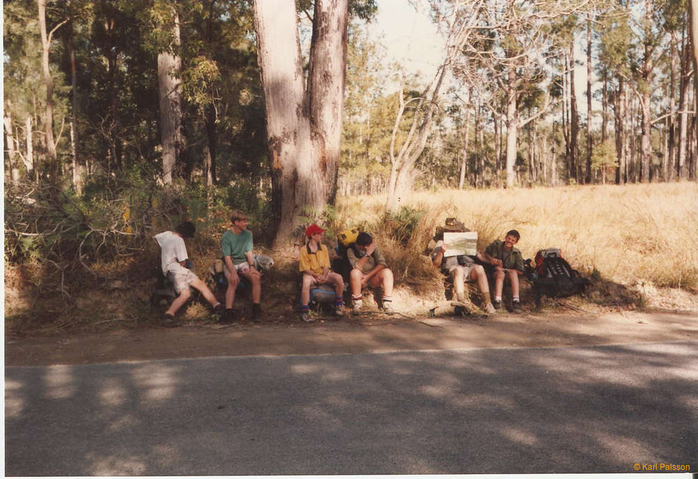 Taking a break along the road.  ?, Smiley, Brad, Jimmy Hendrix?, ?, Zane