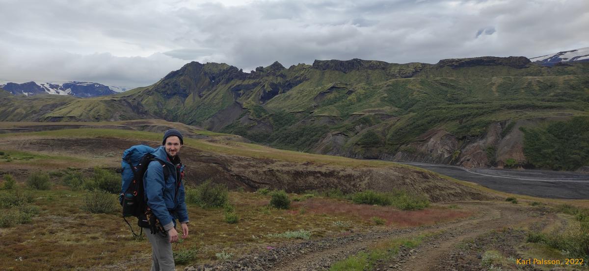 James with the road down to Þröngá